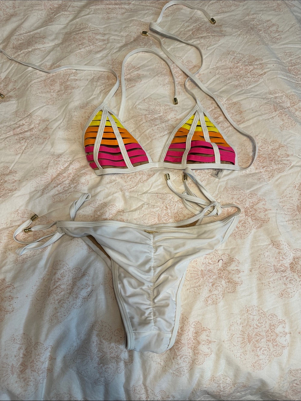 Beach Bunny White-Trimmed Multicolor Striped Bikini M - Picture 5 of 5